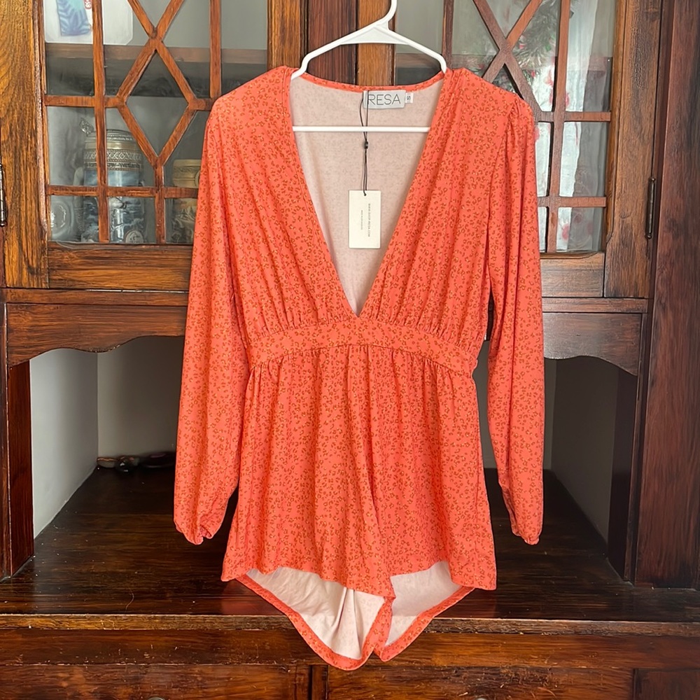 RESA Orange Deep V-Neck Long Sleeve Romper